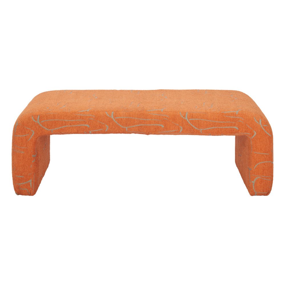 50" Orange Fabric Abstract Curvy Upholstered Bench