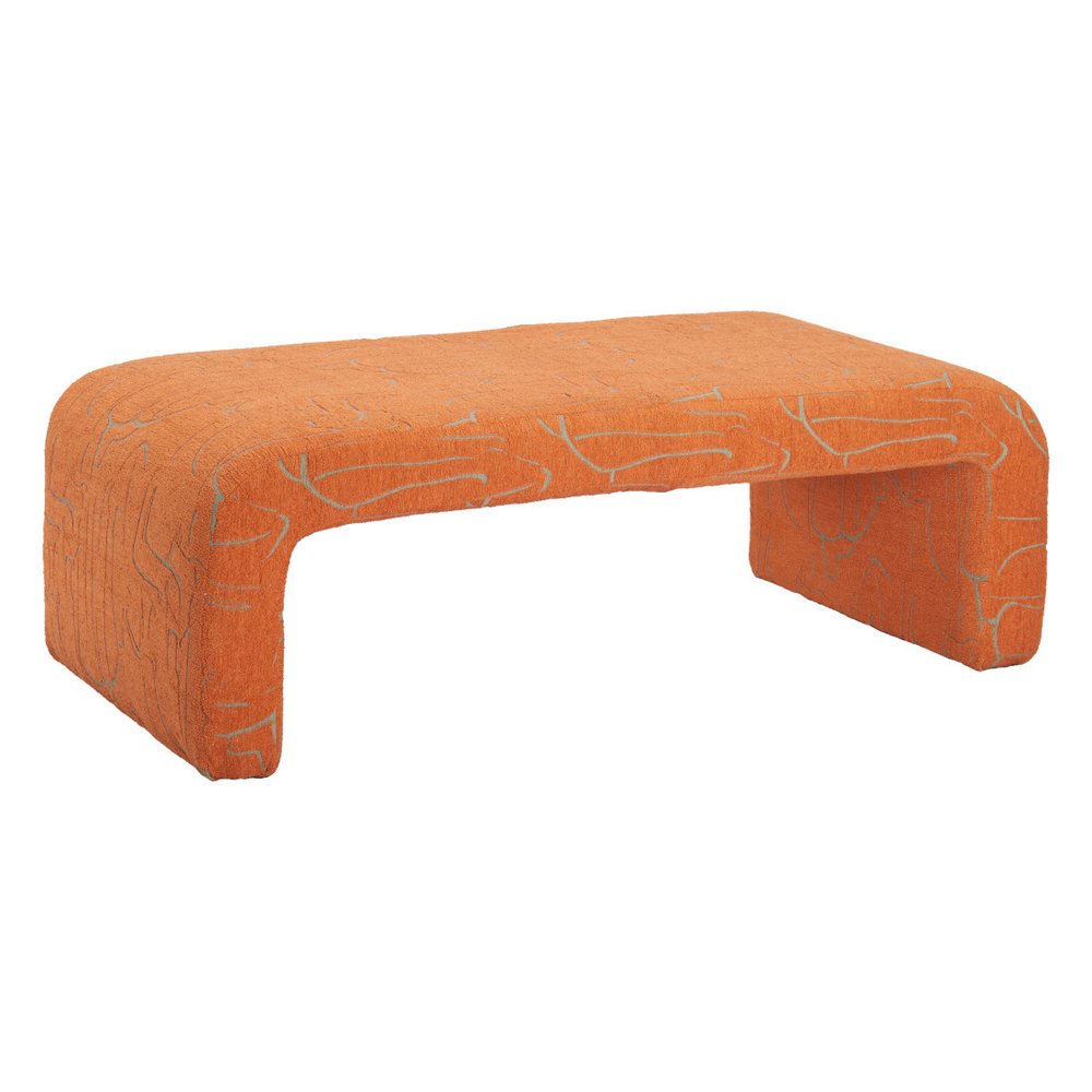 50" Orange Fabric Abstract Curvy Upholstered Bench