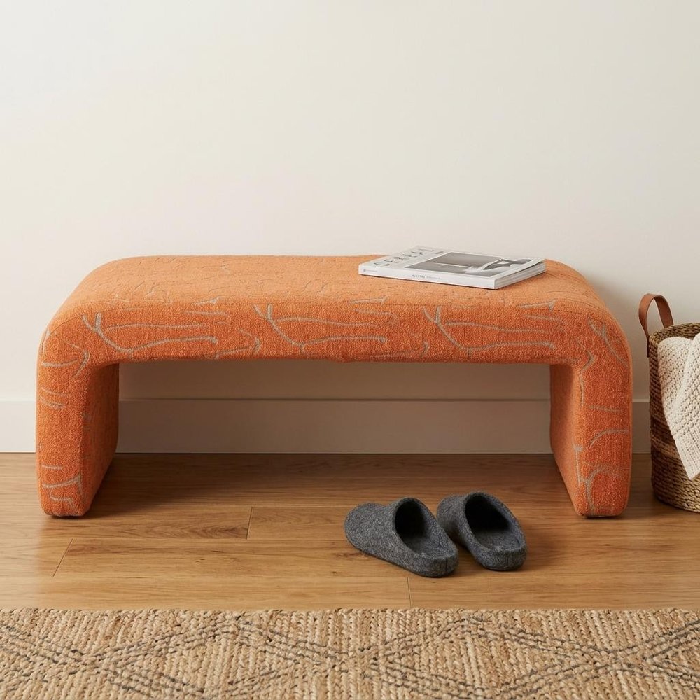 50" Orange Fabric Abstract Curvy Upholstered Bench