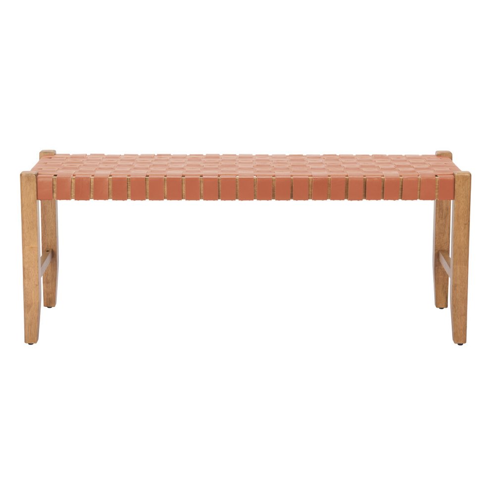 48" Tan and Natural Genuine Leather and Solid Wood Upholstered Dining Bench
