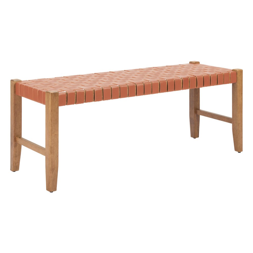 48" Tan and Natural Genuine Leather and Solid Wood Upholstered Dining Bench