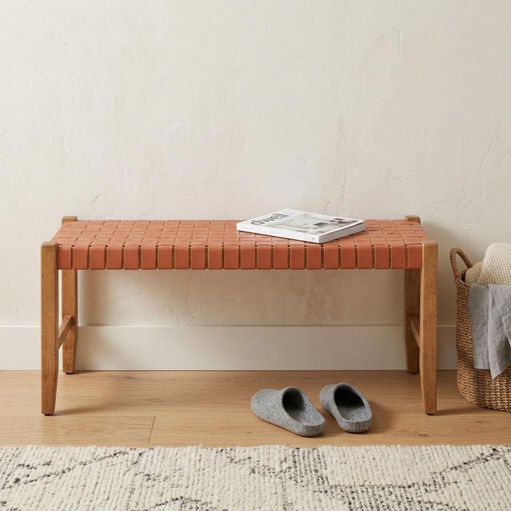 48" Brown and Natural Genuine Leather and Solid Wood Bench