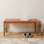 48" Tan and Natural Genuine Leather and Solid Wood Upholstered Dining Bench