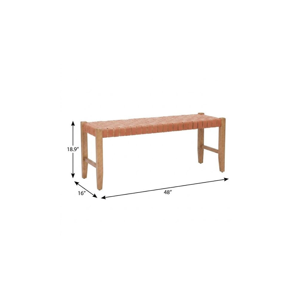 48" Brown and Natural Genuine Leather and Solid Wood Bench