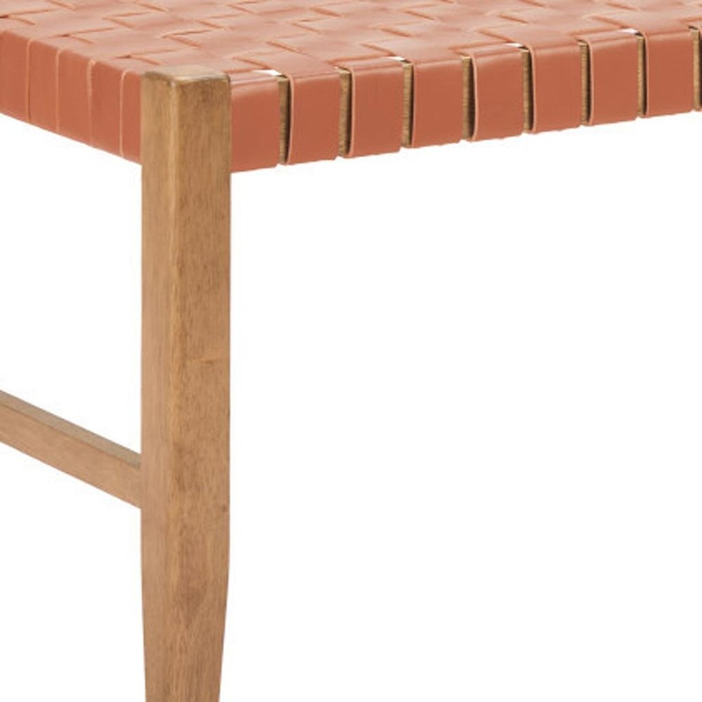 48" Tan and Natural Genuine Leather and Solid Wood Upholstered Dining Bench