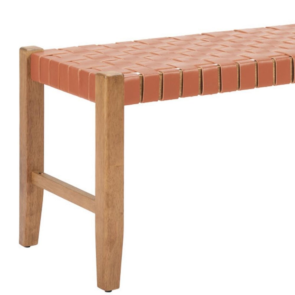 48" Tan and Natural Genuine Leather and Solid Wood Upholstered Dining Bench