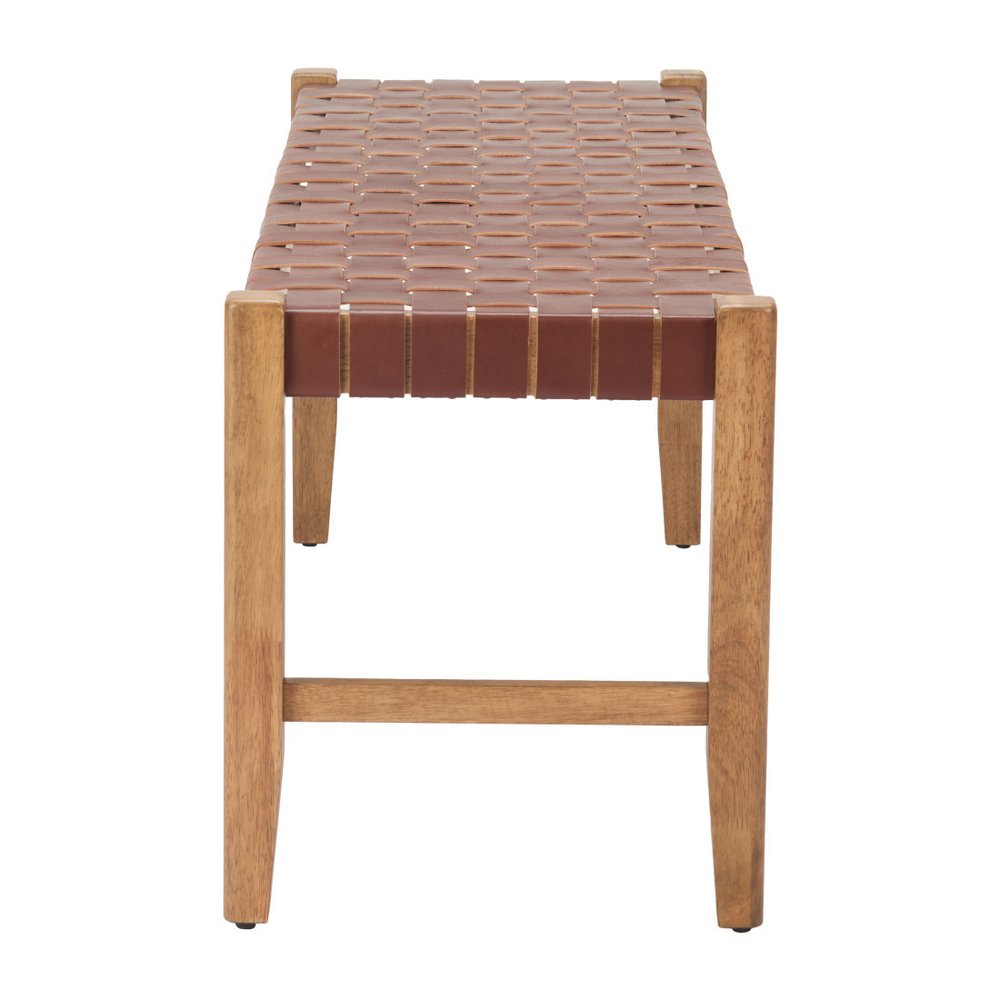 48" Tan and Natural Genuine Leather and Solid Wood Upholstered Dining Bench