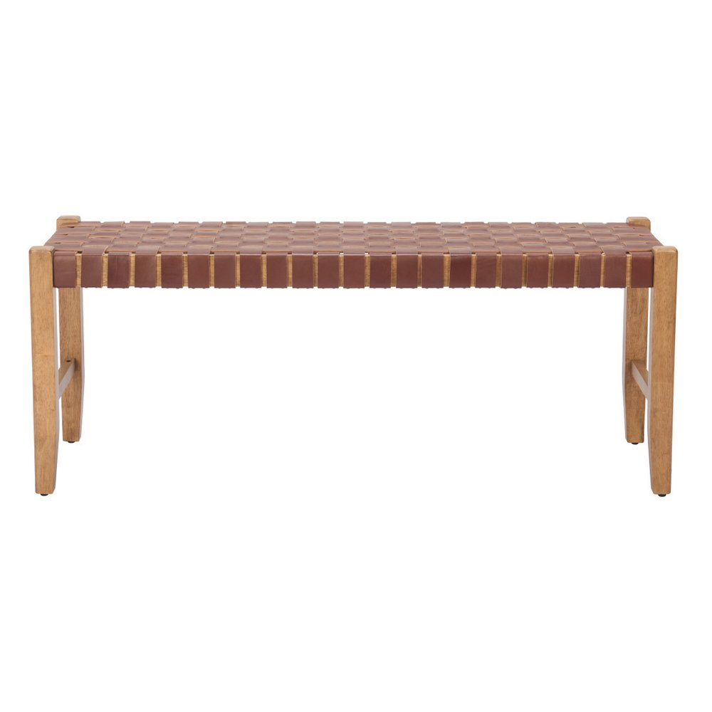 48" Tan and Natural Genuine Leather and Solid Wood Upholstered Dining Bench