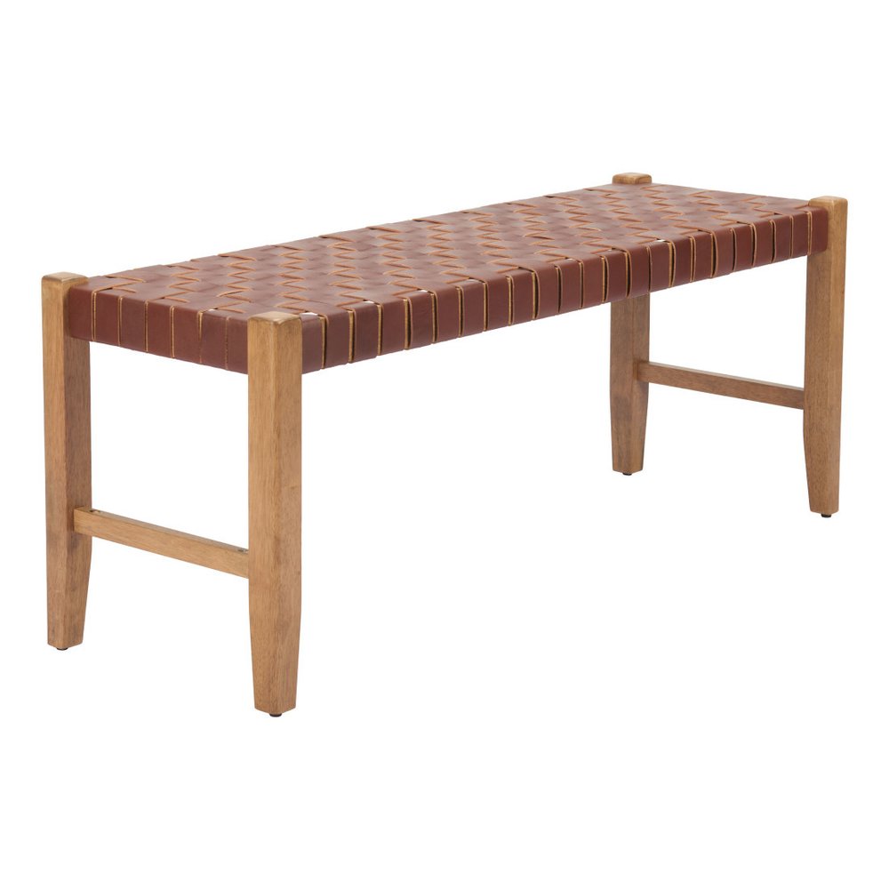 48" Tan and Natural Genuine Leather and Solid Wood Upholstered Dining Bench