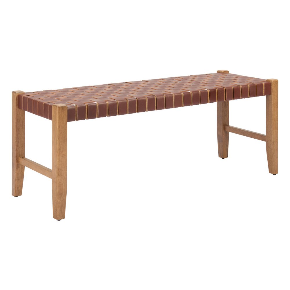 48" Tan and Natural Genuine Leather and Solid Wood Upholstered Dining Bench