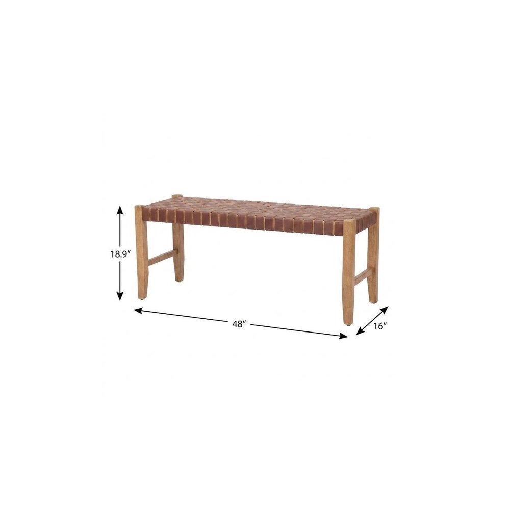 48" Tan and Natural Genuine Leather and Solid Wood Upholstered Dining Bench