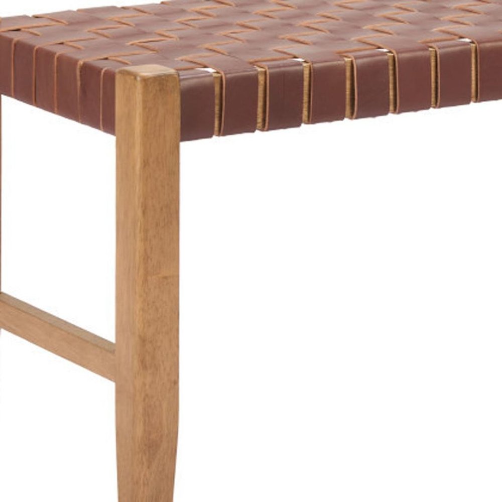 48" Tan and Natural Genuine Leather and Solid Wood Upholstered Dining Bench