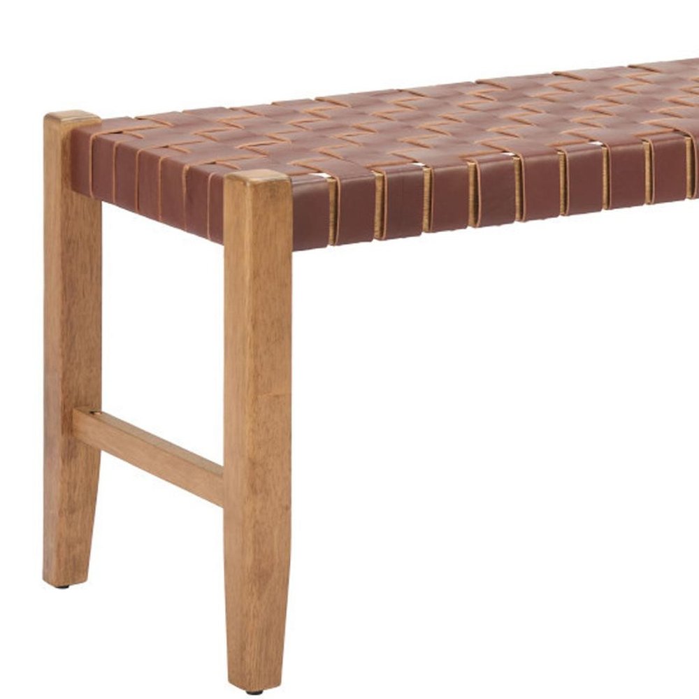 48" Tan and Natural Genuine Leather and Solid Wood Upholstered Dining Bench