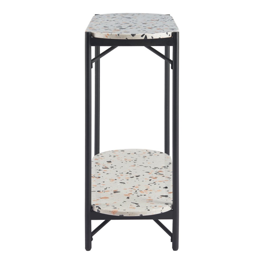 36" White and Black Faux Terrazzo and Steel Oval Console Table With Shelf