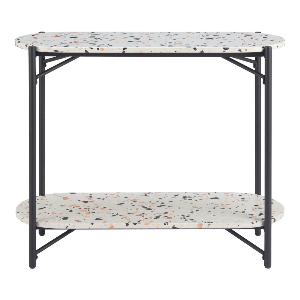 36" White and Black Faux Terrazzo and Steel Oval Console Table With Shelf