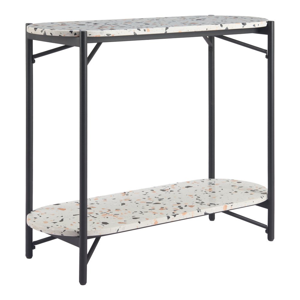 36" White and Black Faux Terrazzo and Steel Oval Console Table With Shelf
