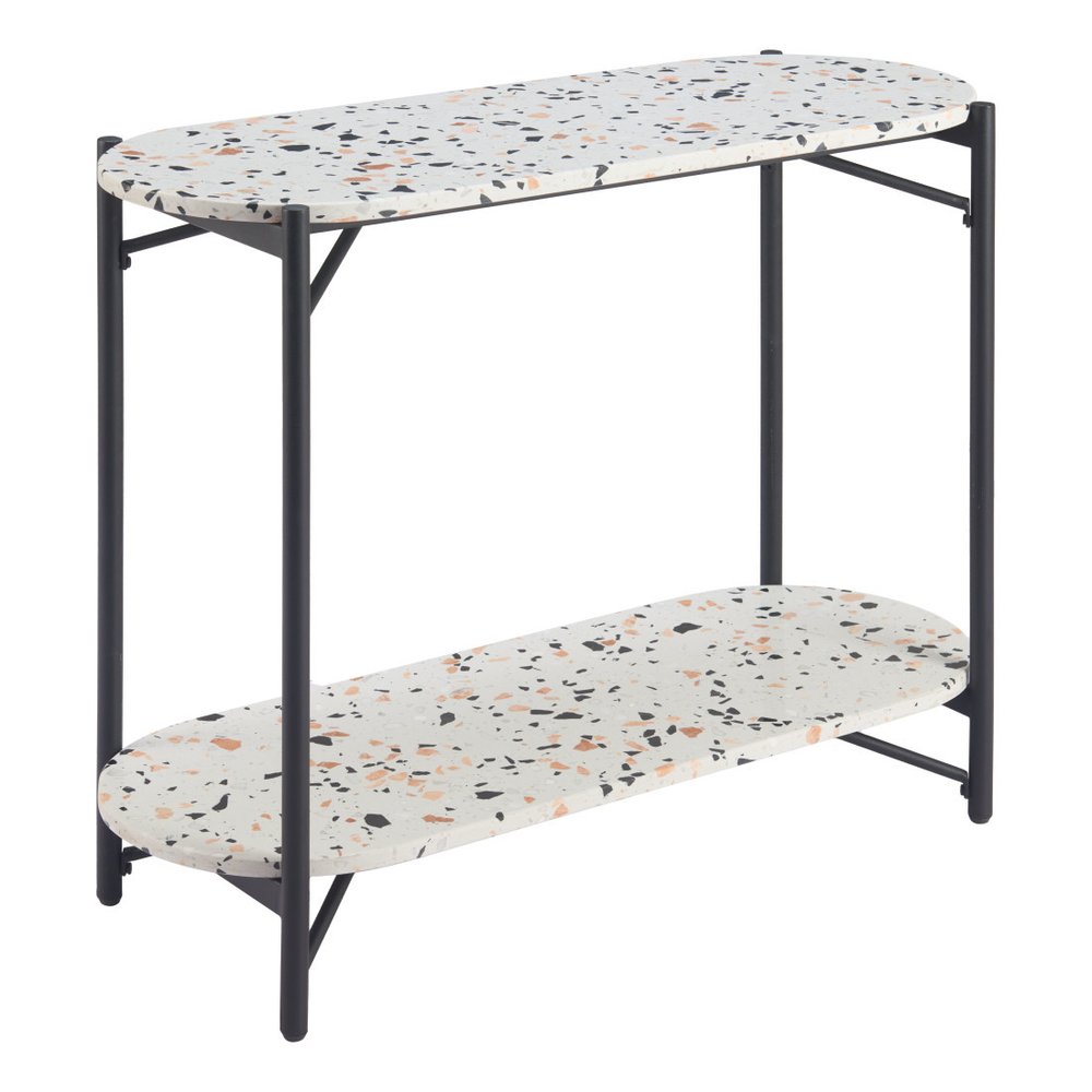 36" White and Black Faux Terrazzo and Steel Oval Console Table With Shelf