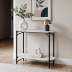 36" White and Black Faux Terrazzo and Steel Oval Console Table With Shelf