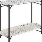 36" White and Black Faux Terrazzo and Steel Oval Console Table With Shelf