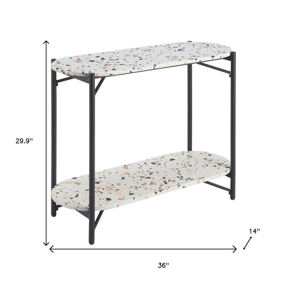 36" White and Black Faux Terrazzo and Steel Oval Console Table With Shelf