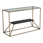 48" Clear and Brass Glass Iron and Stone Frame Console Table With Shelf
