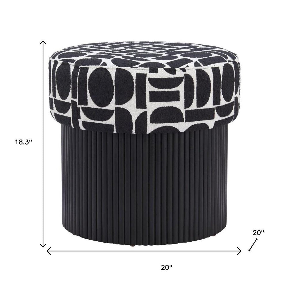 20" Black And White And Black Wood And Upholstery Cylinder Ottoman With Storage