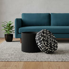 20" Black And White And Black Wood And Upholstery Cylinder Ottoman With Storage
