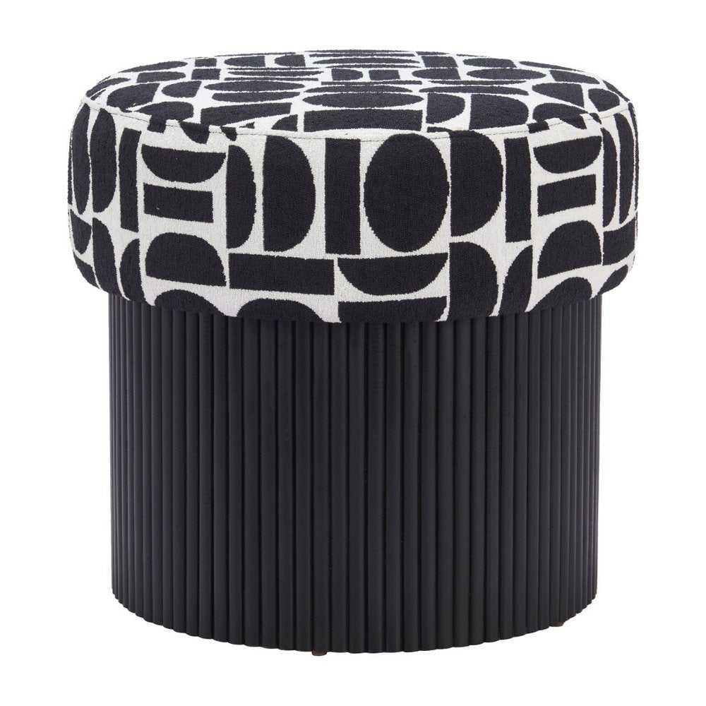 20" Black And White And Black Wood And Upholstery Cylinder Ottoman With Storage