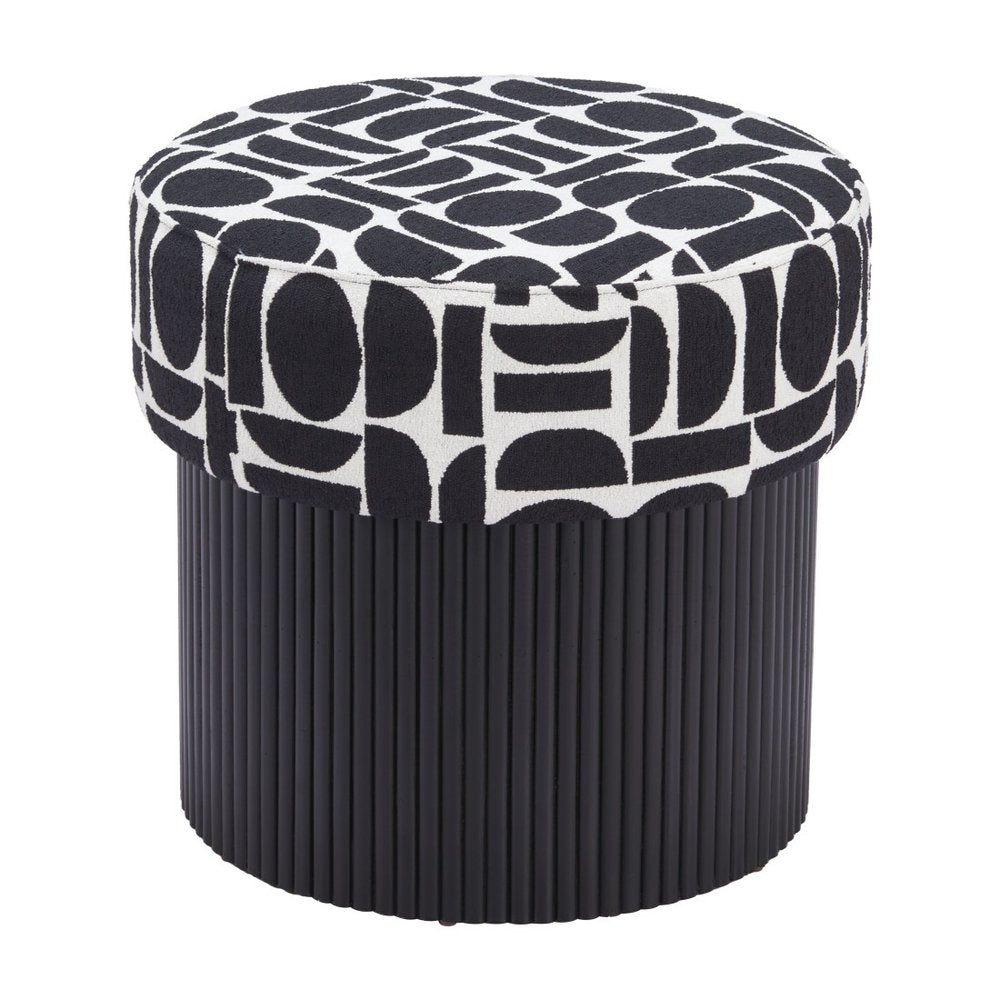 20" Black And White And Black Wood And Upholstery Cylinder Ottoman With Storage