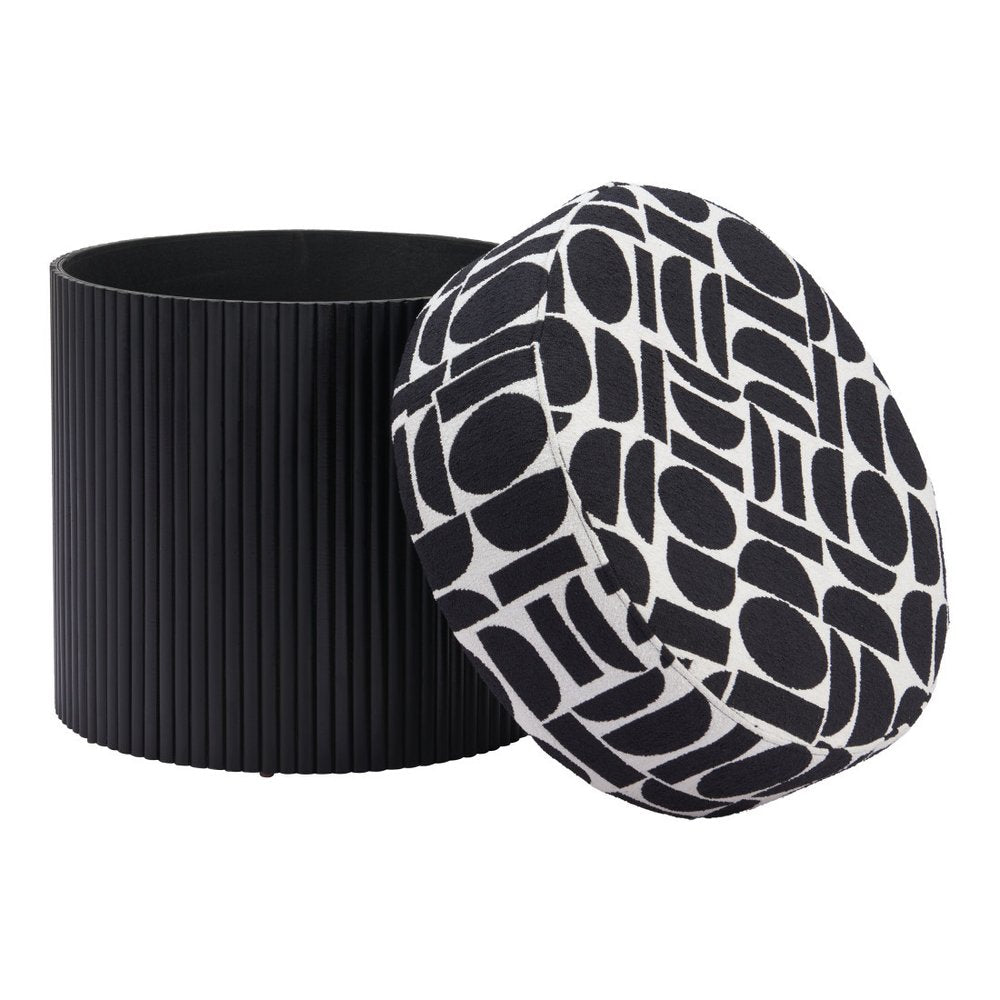 20" Black And White And Black Wood And Upholstery Cylinder Ottoman With Storage