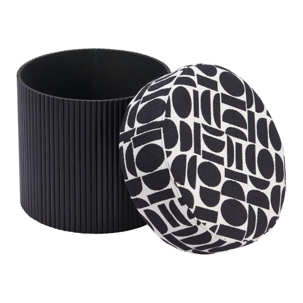 20" Black And White And Black Wood And Upholstery Cylinder Ottoman With Storage