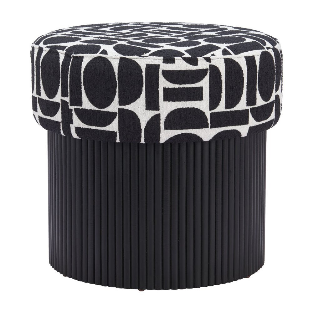 20" Black And White And Black Wood And Upholstery Cylinder Ottoman With Storage