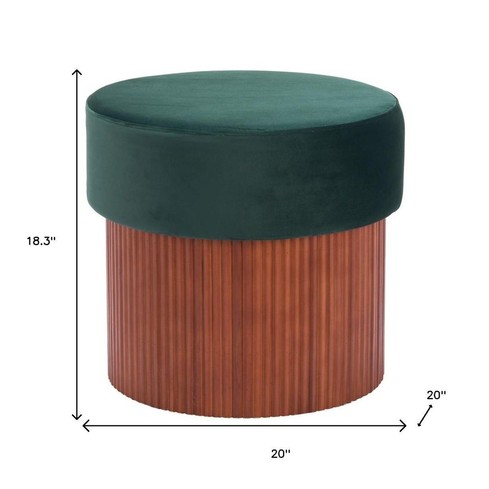 20" Green And Brown Wood And Velvet Round Ottoman With Storage