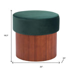 20" Green And Brown Wood And Velvet Round Ottoman With Storage