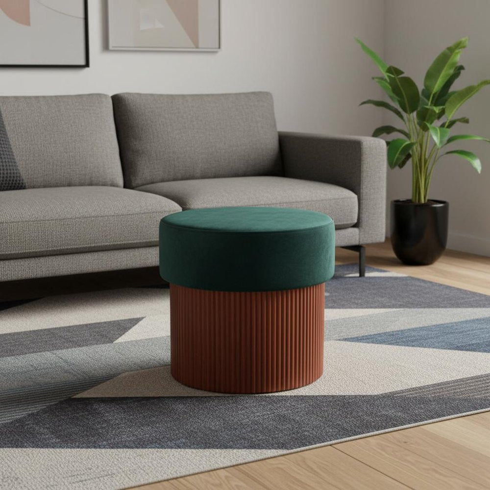 20" Green And Brown Wood And Velvet Round Ottoman With Storage