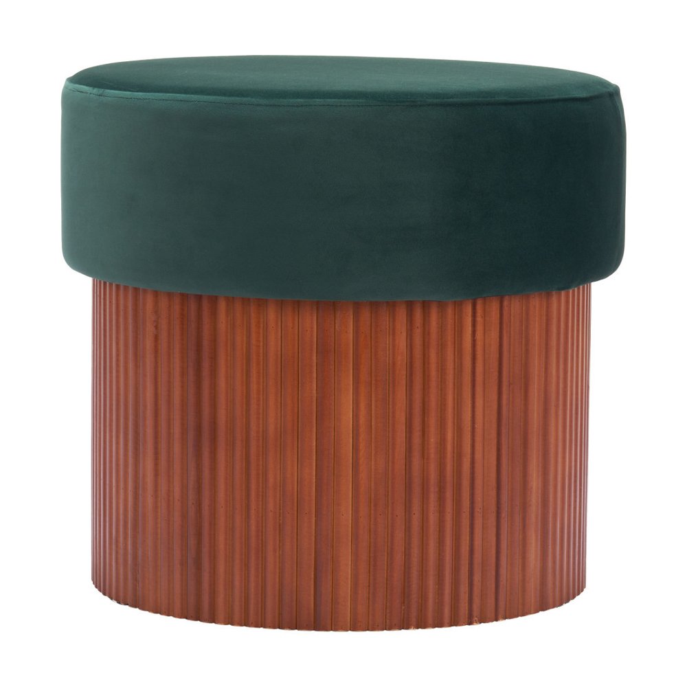 20" Green And Brown Wood And Velvet Round Ottoman With Storage