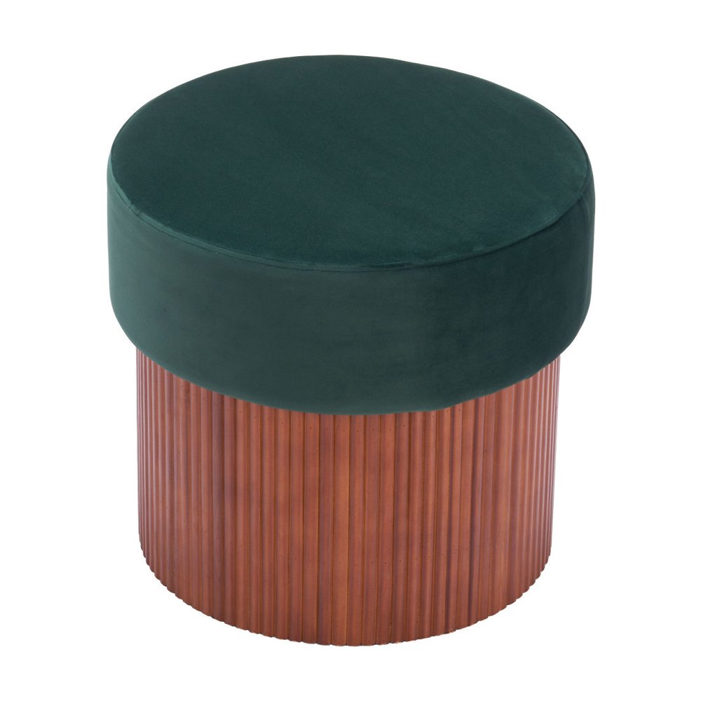 20" Green And Brown Wood And Velvet Round Ottoman With Storage