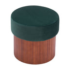 20" Green And Brown Wood And Velvet Round Ottoman With Storage