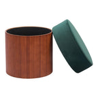 20" Green And Brown Wood And Velvet Round Ottoman With Storage