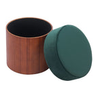 20" Green And Brown Wood And Velvet Round Ottoman With Storage