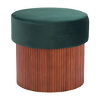 20" Green And Brown Wood And Velvet Round Ottoman With Storage