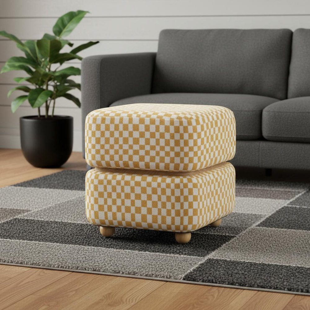 18" White Yellow And Natural Wood And Upholstery Checkered Ottoman