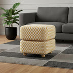 18" White Yellow And Natural Wood And Upholstery Checkered Ottoman