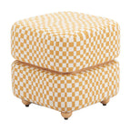 18" White Yellow And Natural Wood And Upholstery Checkered Ottoman