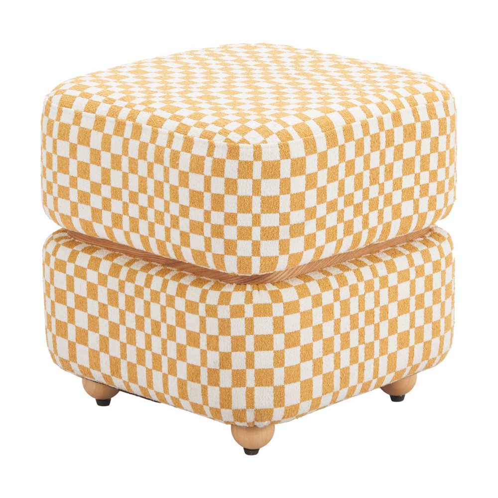 18" White Yellow And Natural Wood And Upholstery Checkered Ottoman