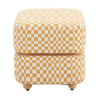 18" White Yellow And Natural Wood And Upholstery Checkered Ottoman