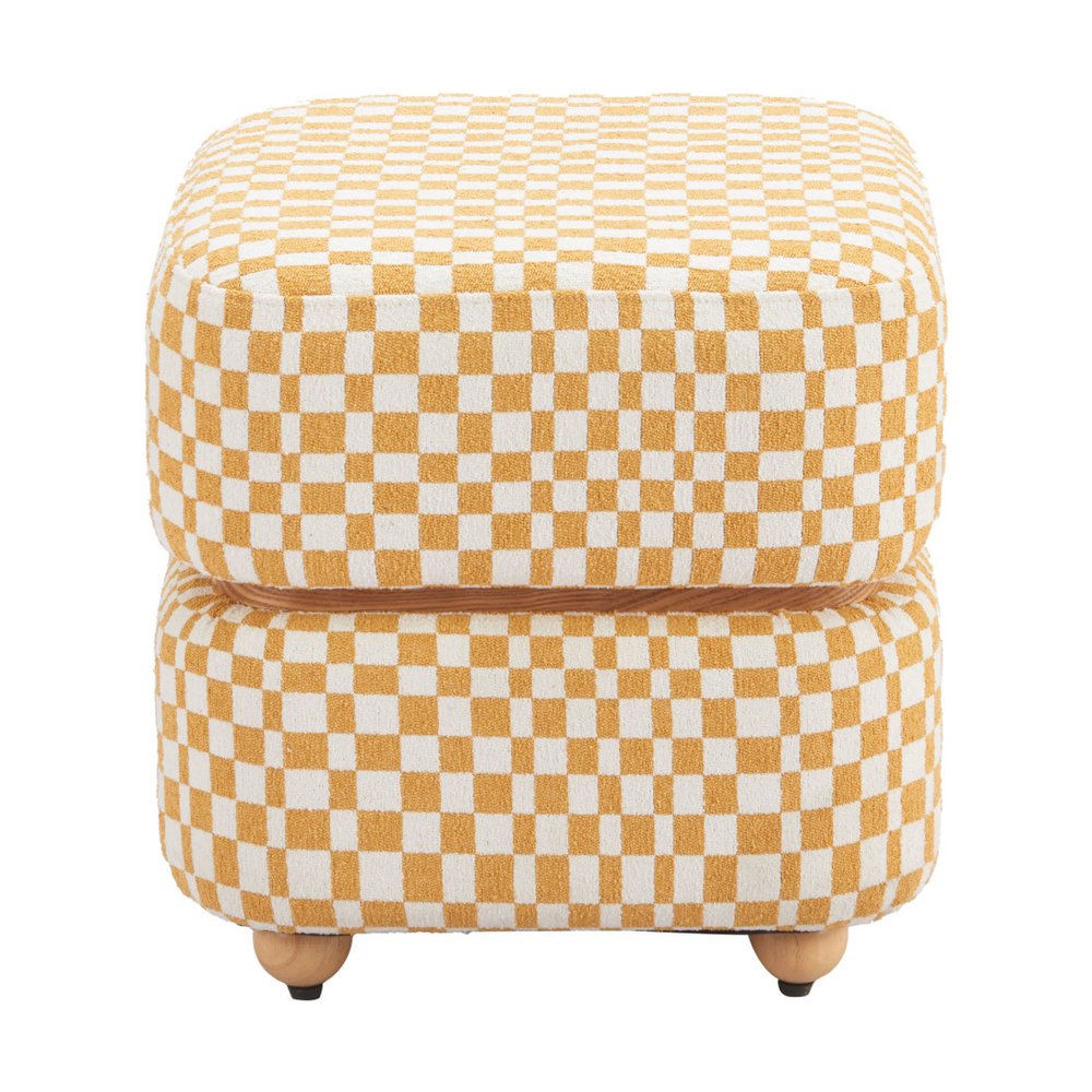 18" White Yellow And Natural Wood And Upholstery Checkered Ottoman