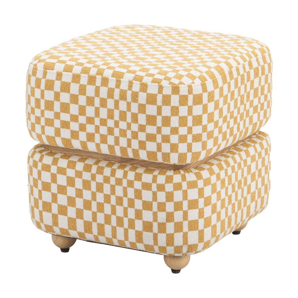 18" White Yellow And Natural Wood And Upholstery Checkered Ottoman