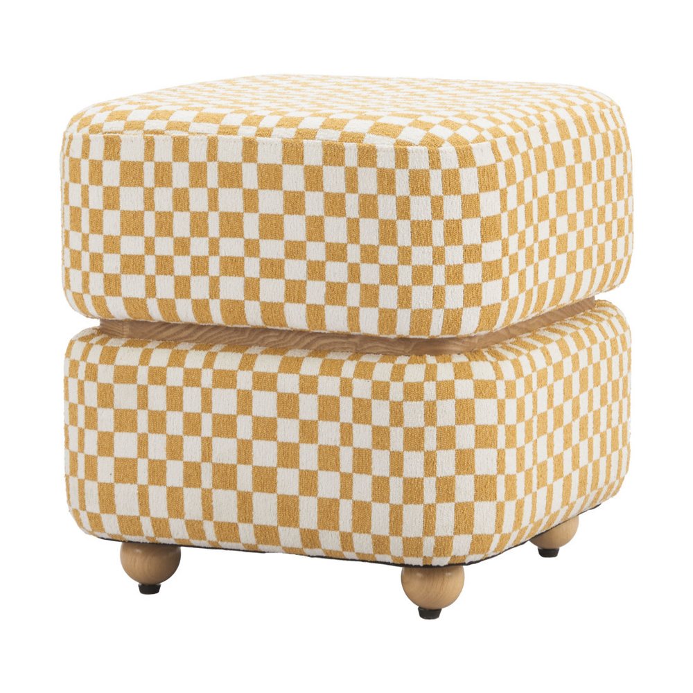 18" White Yellow And Natural Wood And Upholstery Checkered Ottoman