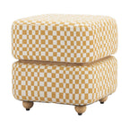 18" White Yellow And Natural Wood And Upholstery Checkered Ottoman